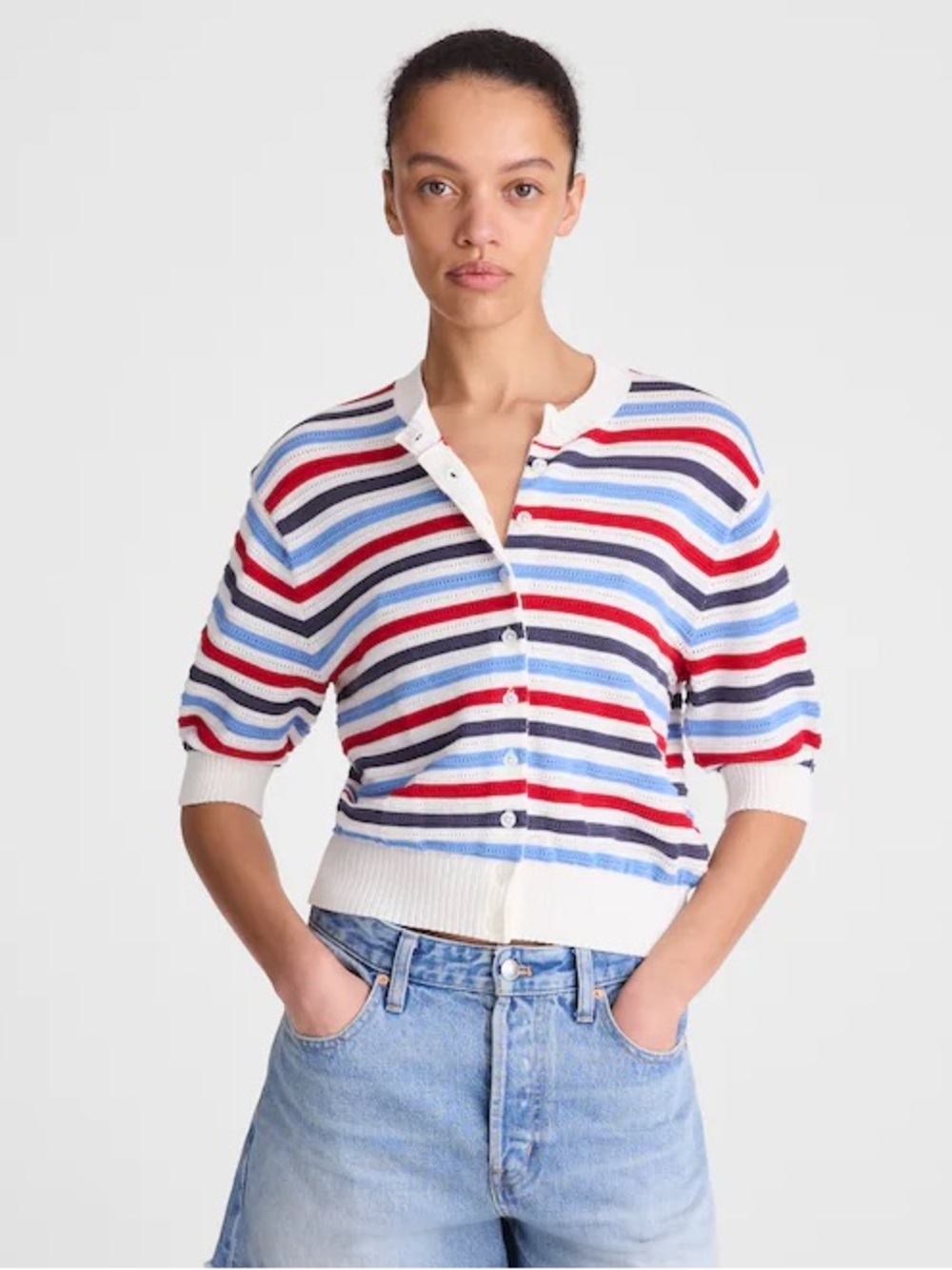 NWT Madewell Textured Short-Sleeve Cardigan Ivory Stripe M *makeup on inside